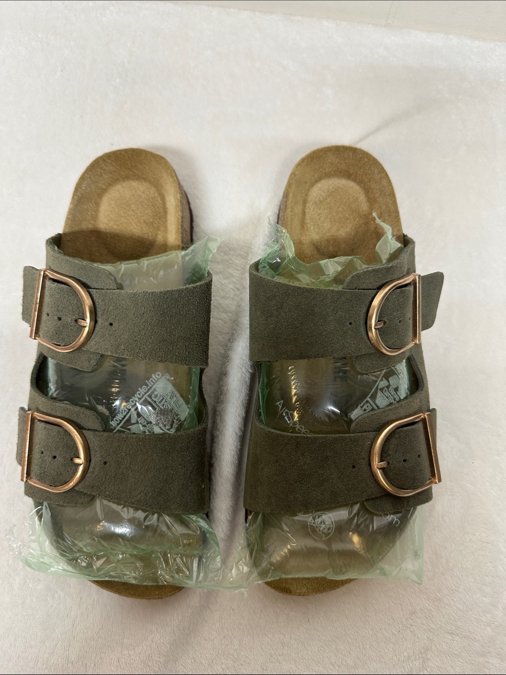 Olive Double-Buckle Slide Sandals with Rose-Gold Buckles Leather
